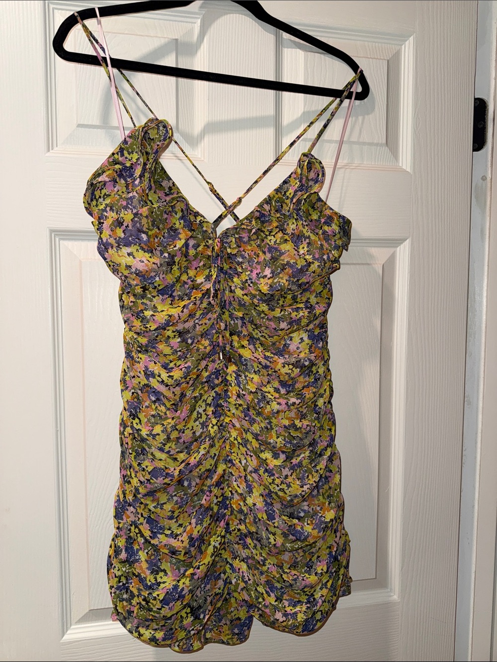Lost + Wander Yellow Multi Floral Ruched Spaghetti-Strap Mini Dress Size Large